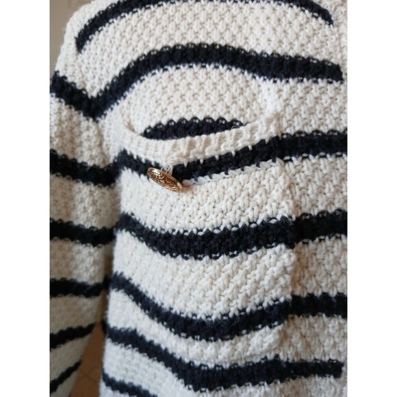 Dazy Womens Cardigan Sweater White Black Striped Size Medium Button Pockets - Picture 9 of 16